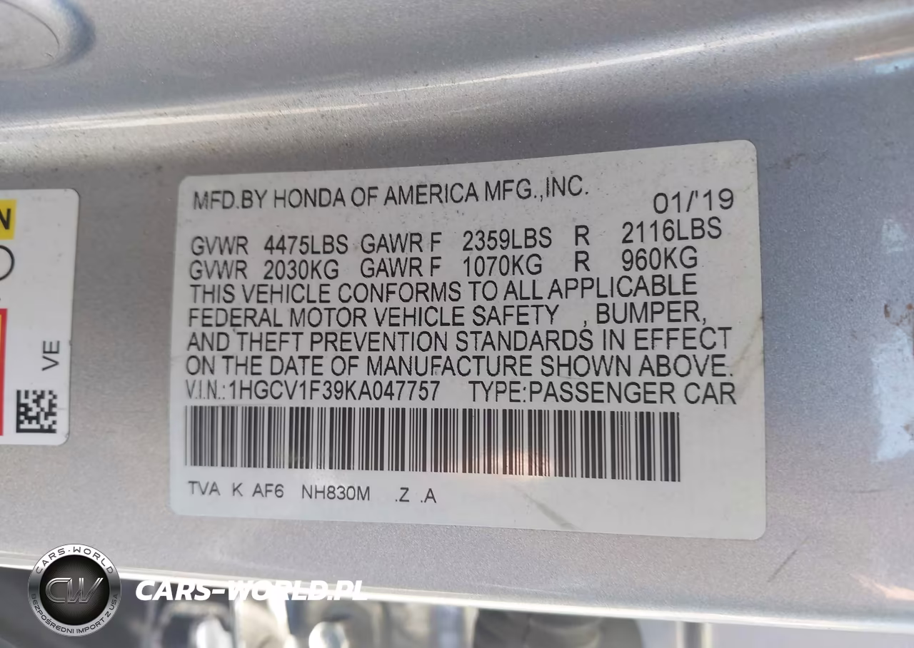 2019 Honda Accord Sport VIN:1HGCV1F39KA047757 - 9