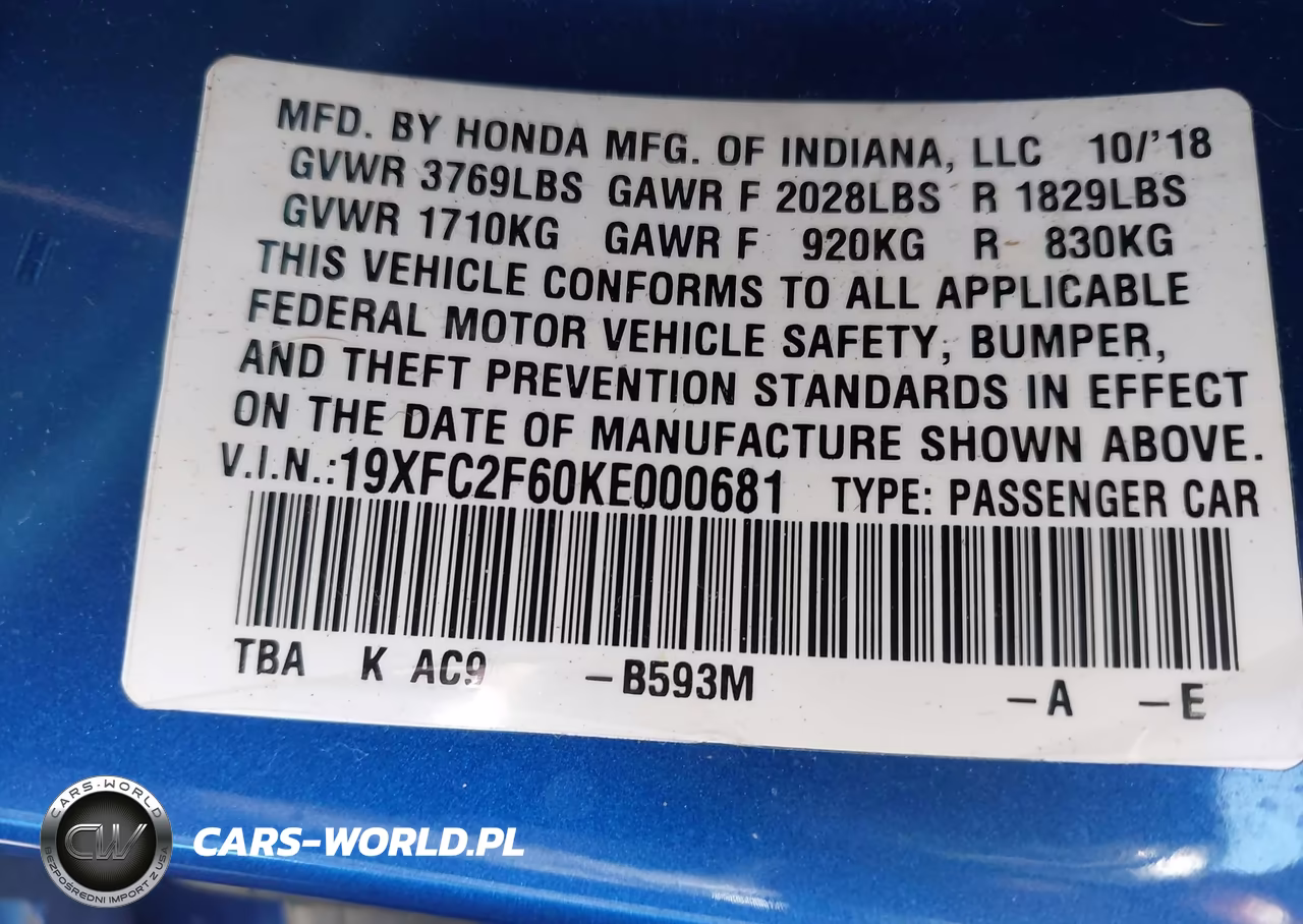 2019 Honda Civic Lx VIN:19XFC2F60KE000681 - 9