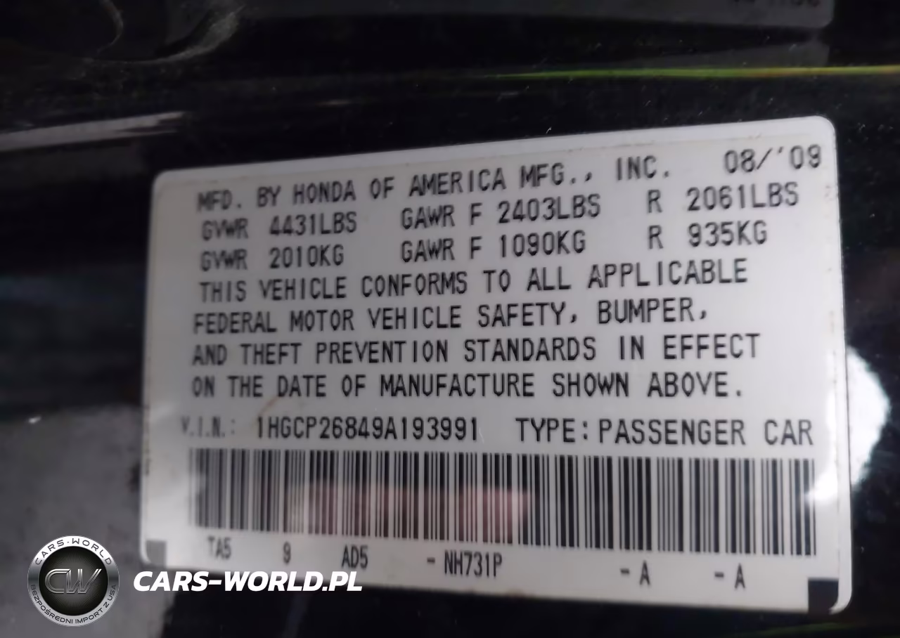 2009 Honda Accord 2.4 Ex-L VIN:1HGCP26849A193991 - 9