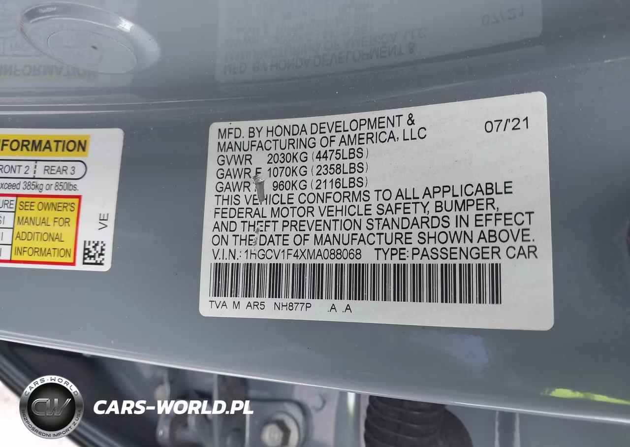 2021 Honda Accord Sport Special Edition VIN:1HGCV1F4XMA088068 - 9