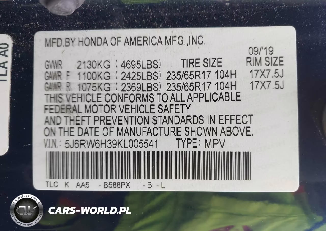 2019 Honda Cr-V Lx VIN:5J6RW6H39KL005541 - 9