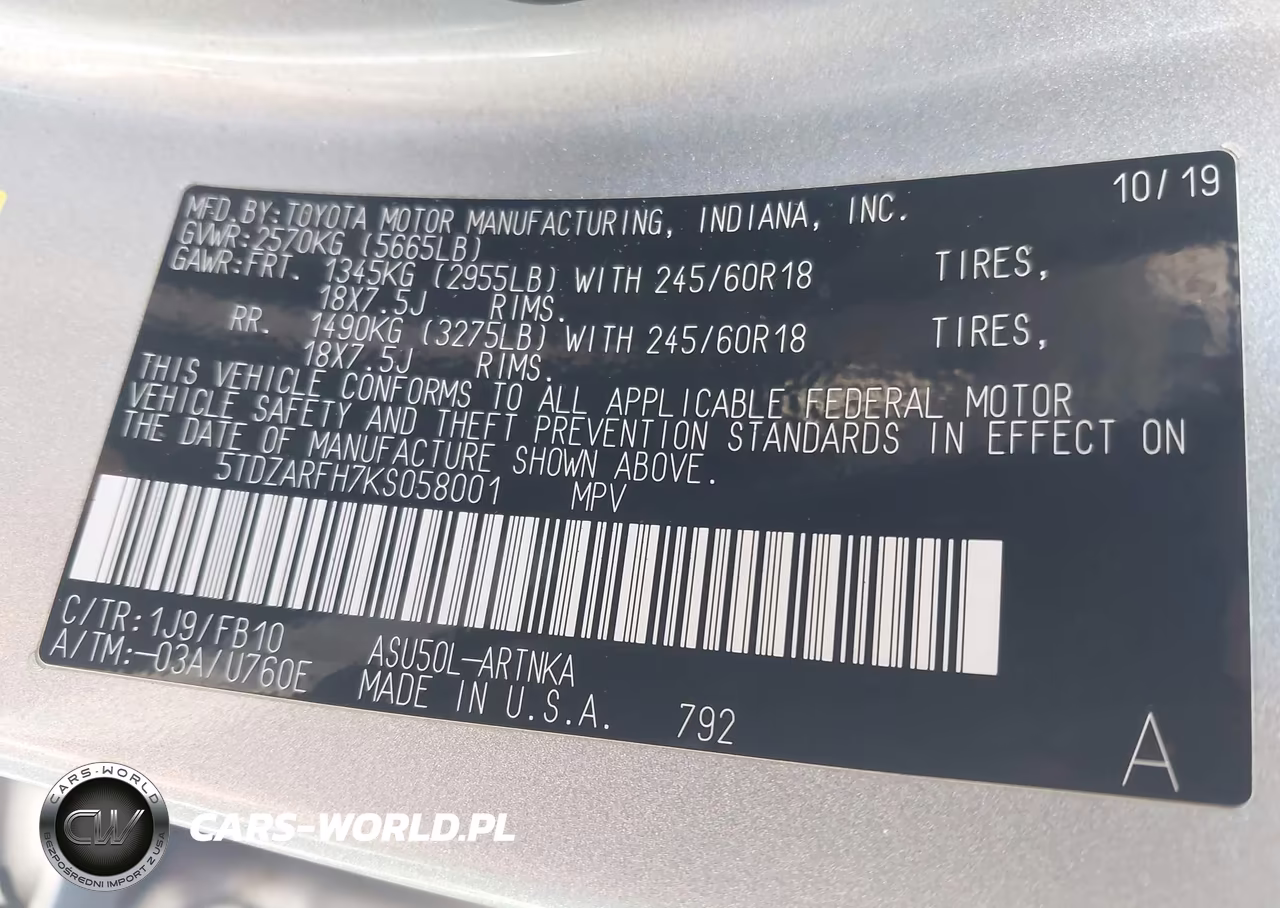 2019 Toyota Highlander Le VIN:5TDZARFH7KS058001 - 9