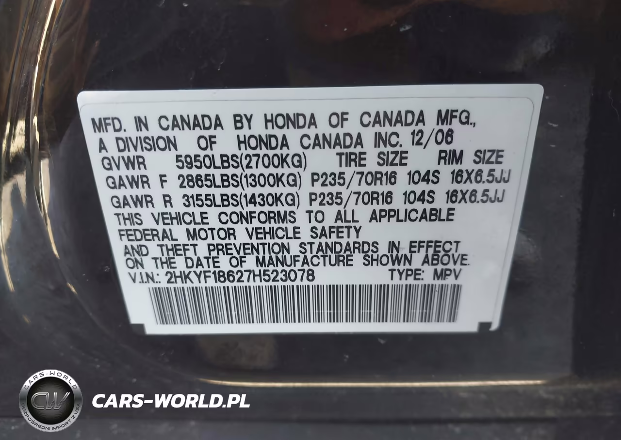 2007 Honda Pilot Ex-L VIN:2HKYF18627H523078 - 9