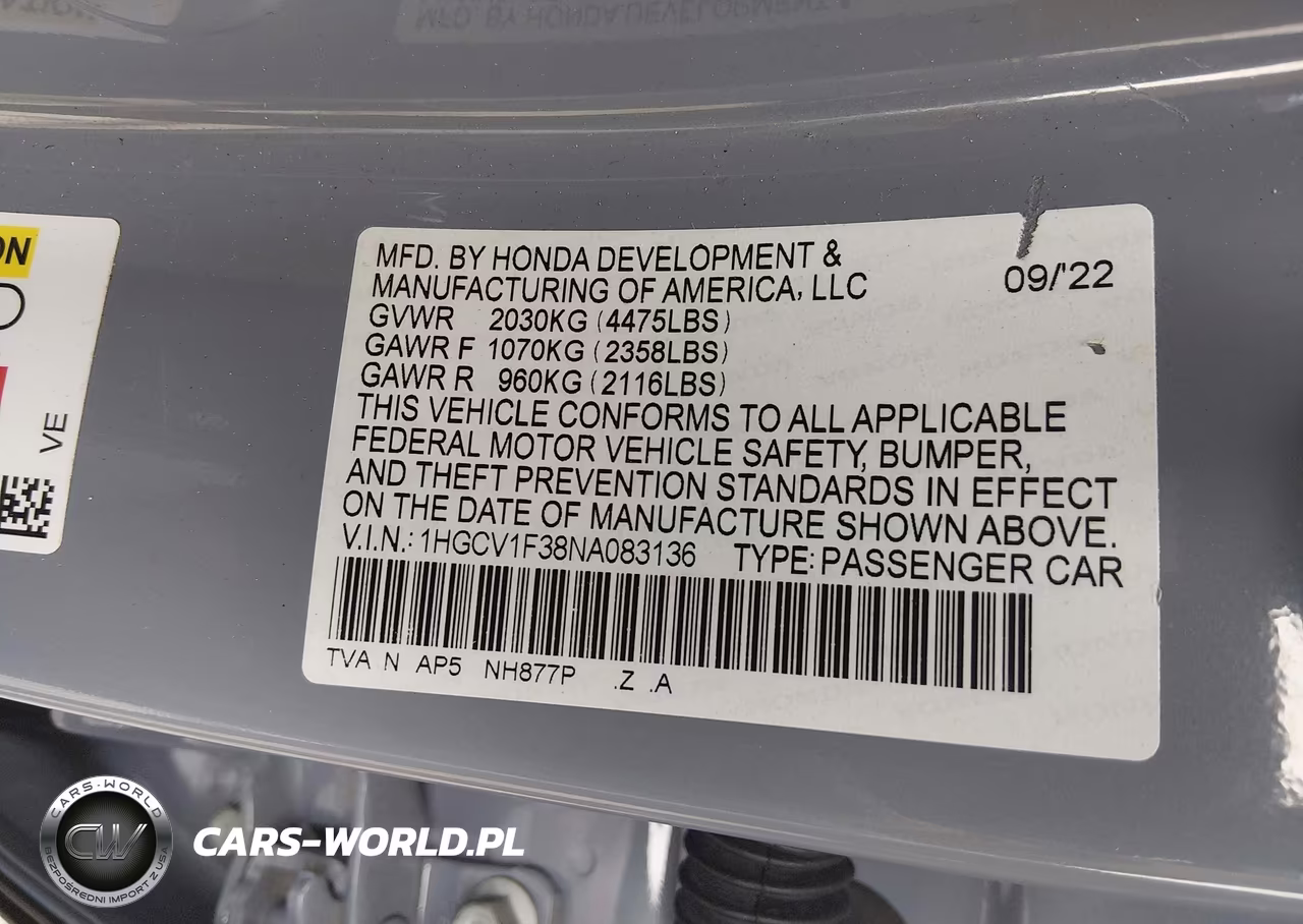 2022 Honda Accord Sport VIN:1HGCV1F38NA083136 - 9