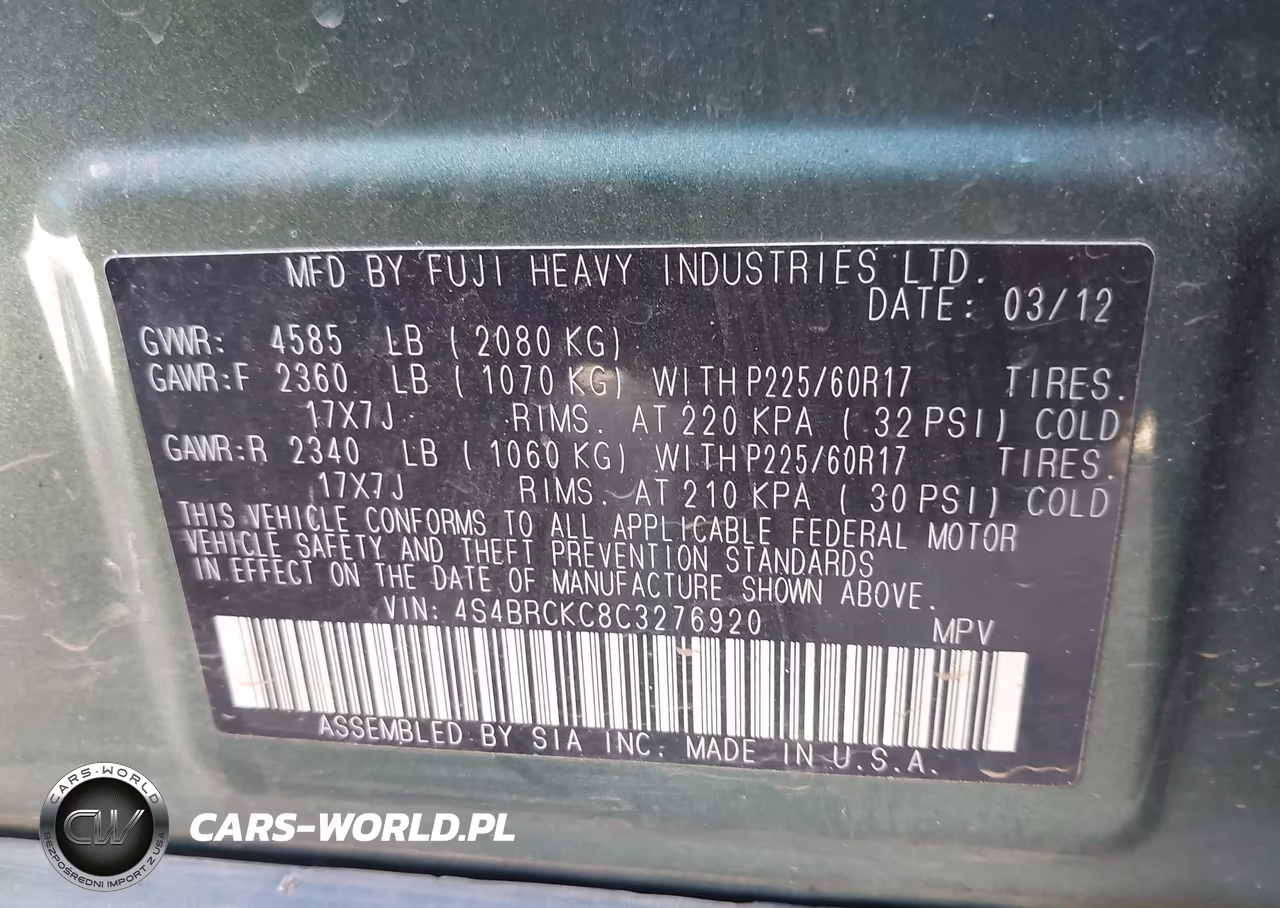 2012 Subaru Outback 2.5I Limited VIN:4S4BRCKC8C3276920 - 9