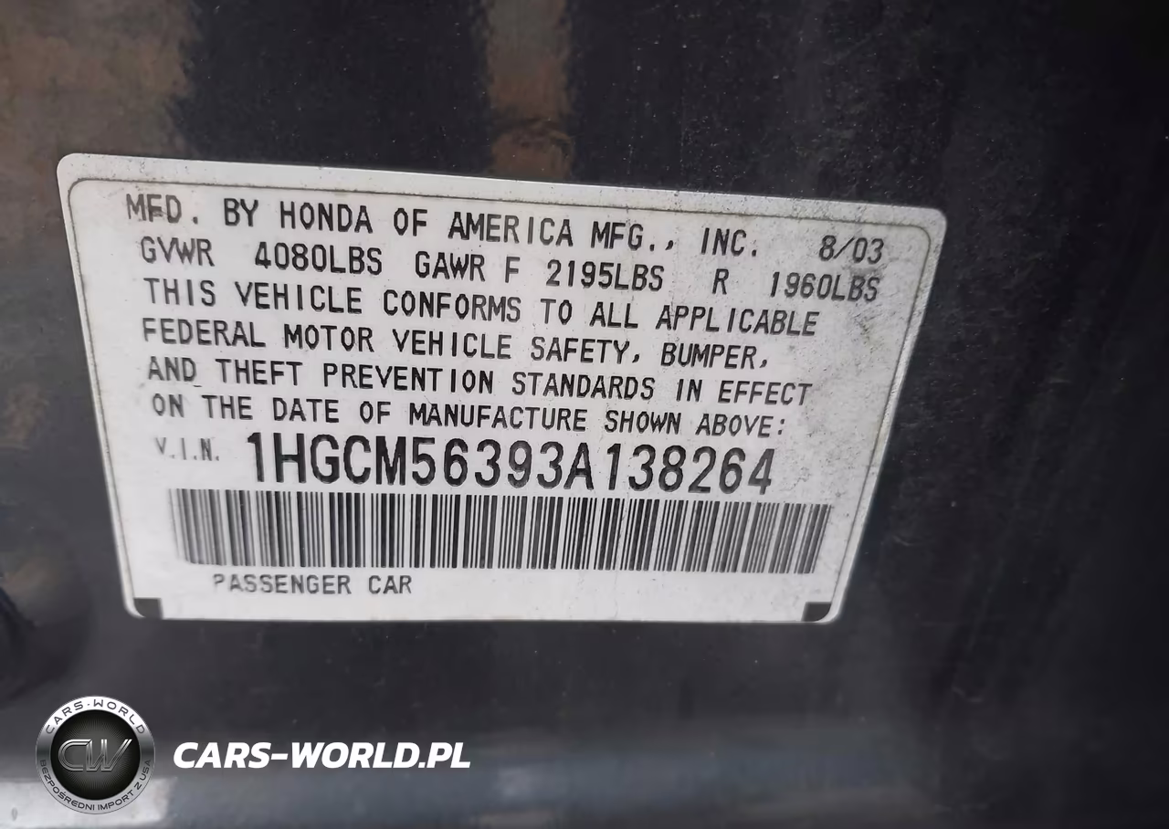 2003 Honda Accord 2.4 Lx VIN:1HGCM56393A138264 - 9