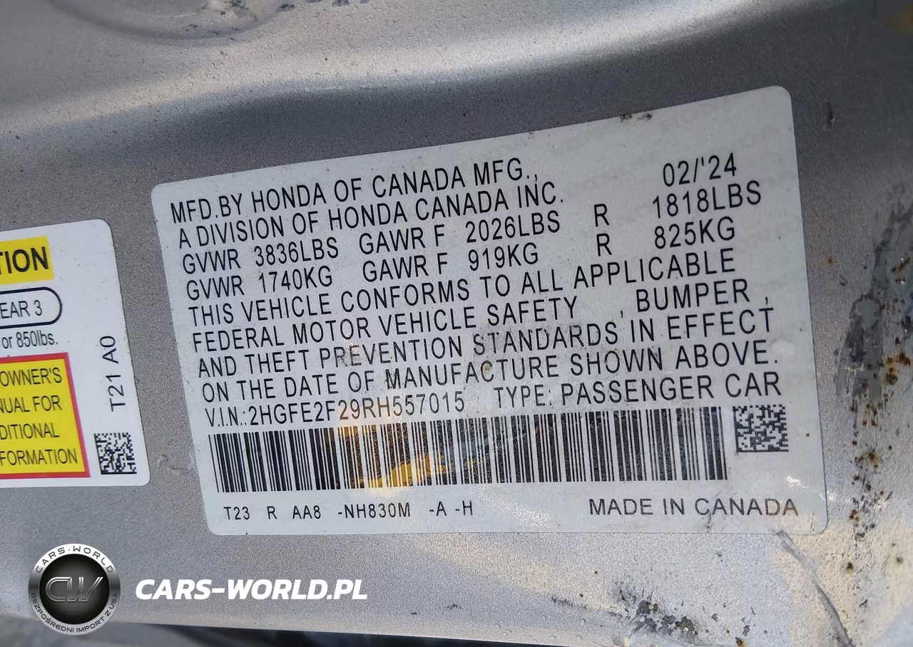2024 Honda Civic Lx VIN:2HGFE2F29RH557015 - 9