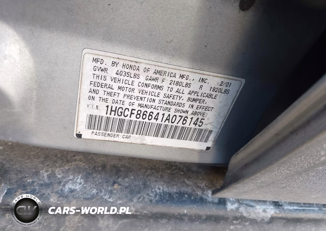 2001 Honda Accord Value Package VIN:1HGCF86641A076145 - 9