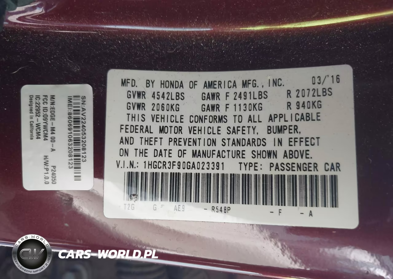 2016 Honda Accord Touring VIN:1HGCR3F90GA023391 - 9