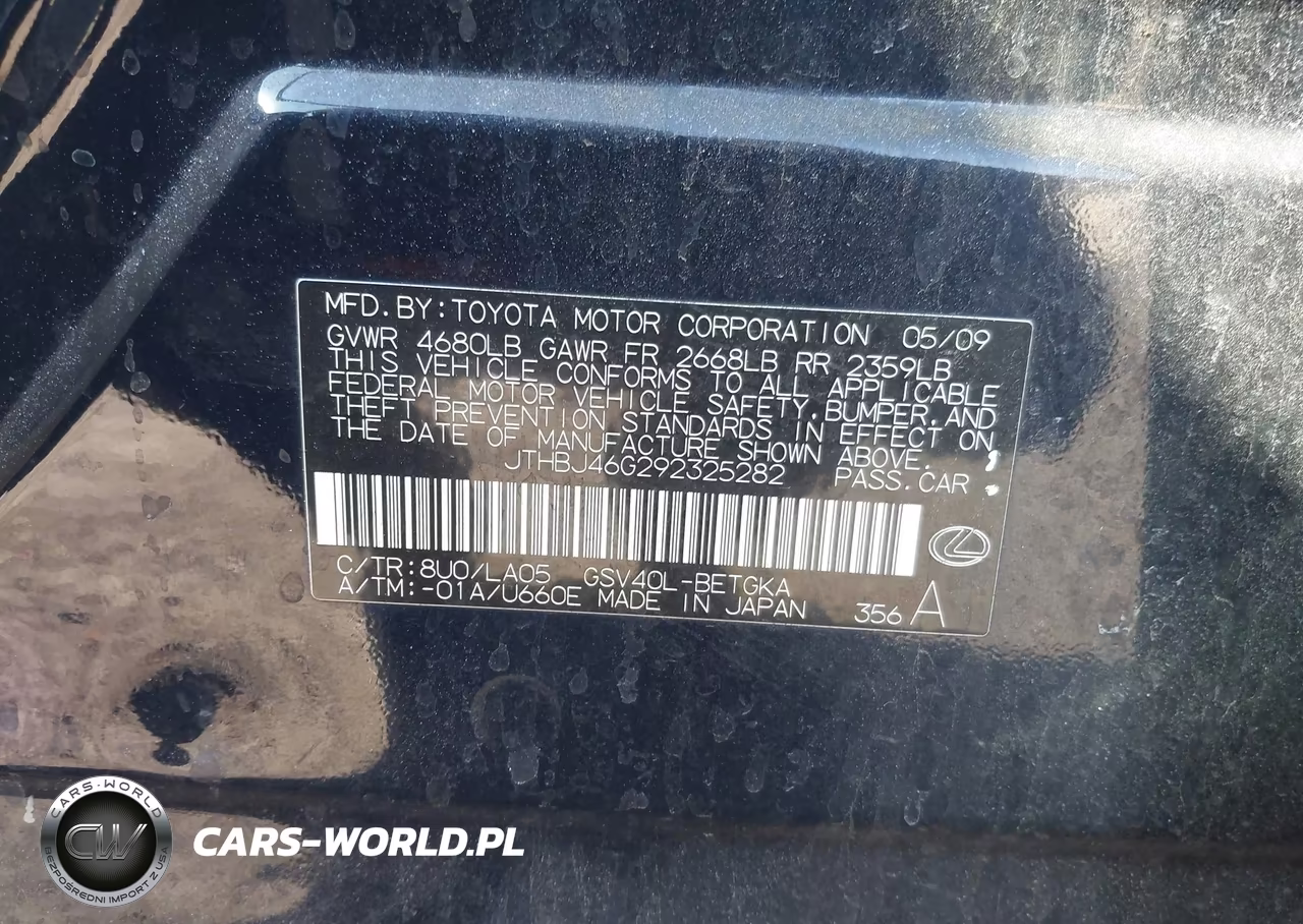 2009 Lexus Es 350 VIN:JTHBJ46G292325282 - 9