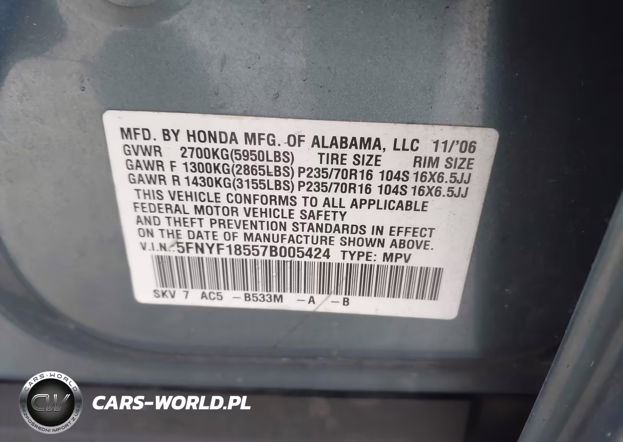 2007 Honda Pilot Ex-L VIN:5FNYF18557B005424 - 9