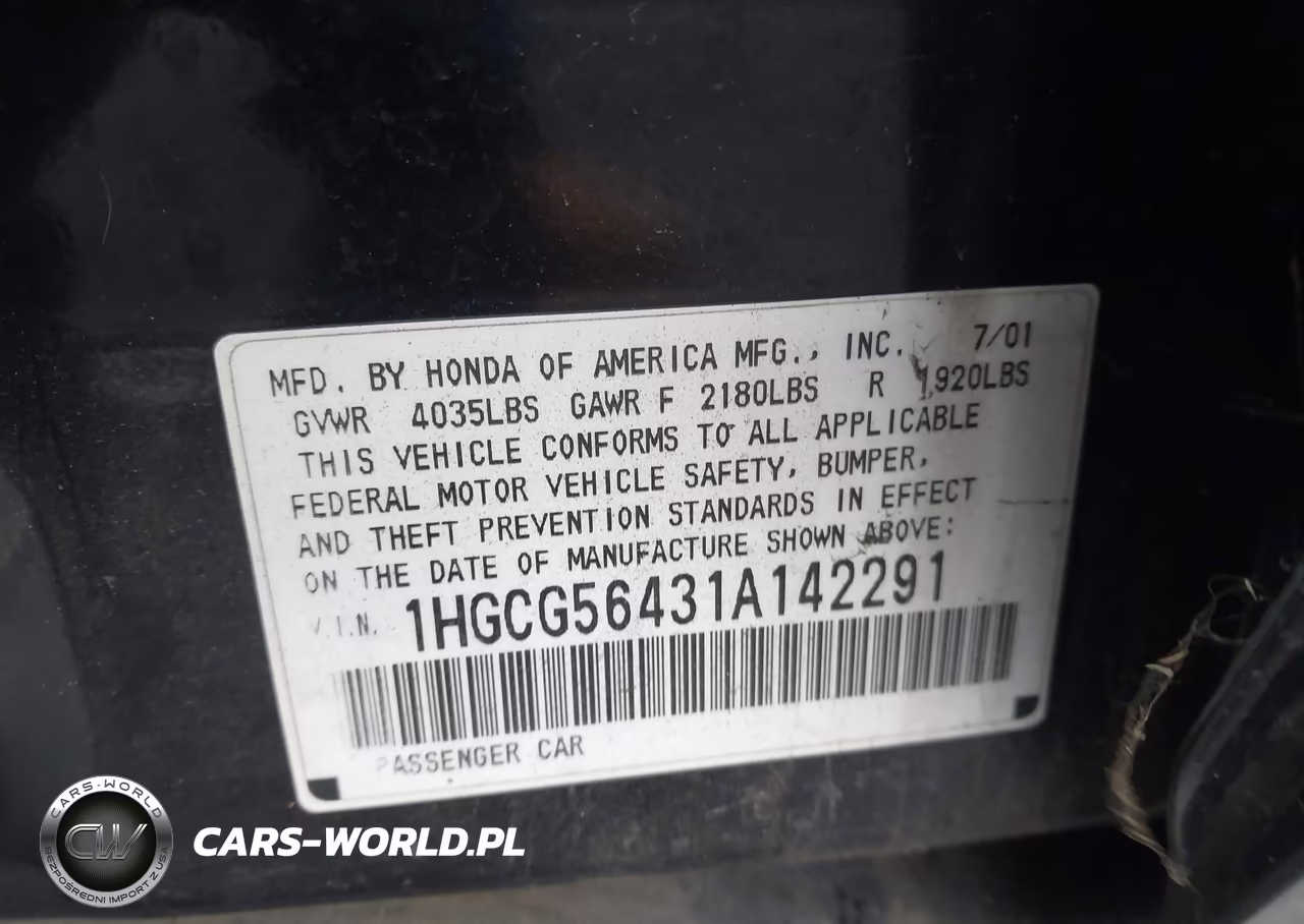 2001 Honda Accord 2.3 Lx VIN:1HGCG56431A142291 - 9