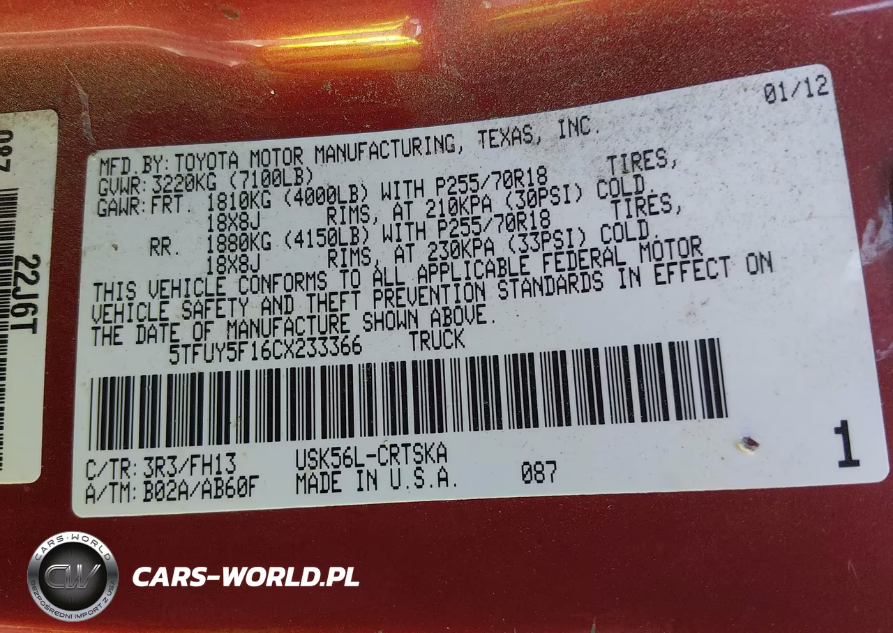 2012 Toyota Tundra Grade 5.7L V8 VIN:5TFUY5F16CX233366 - 9