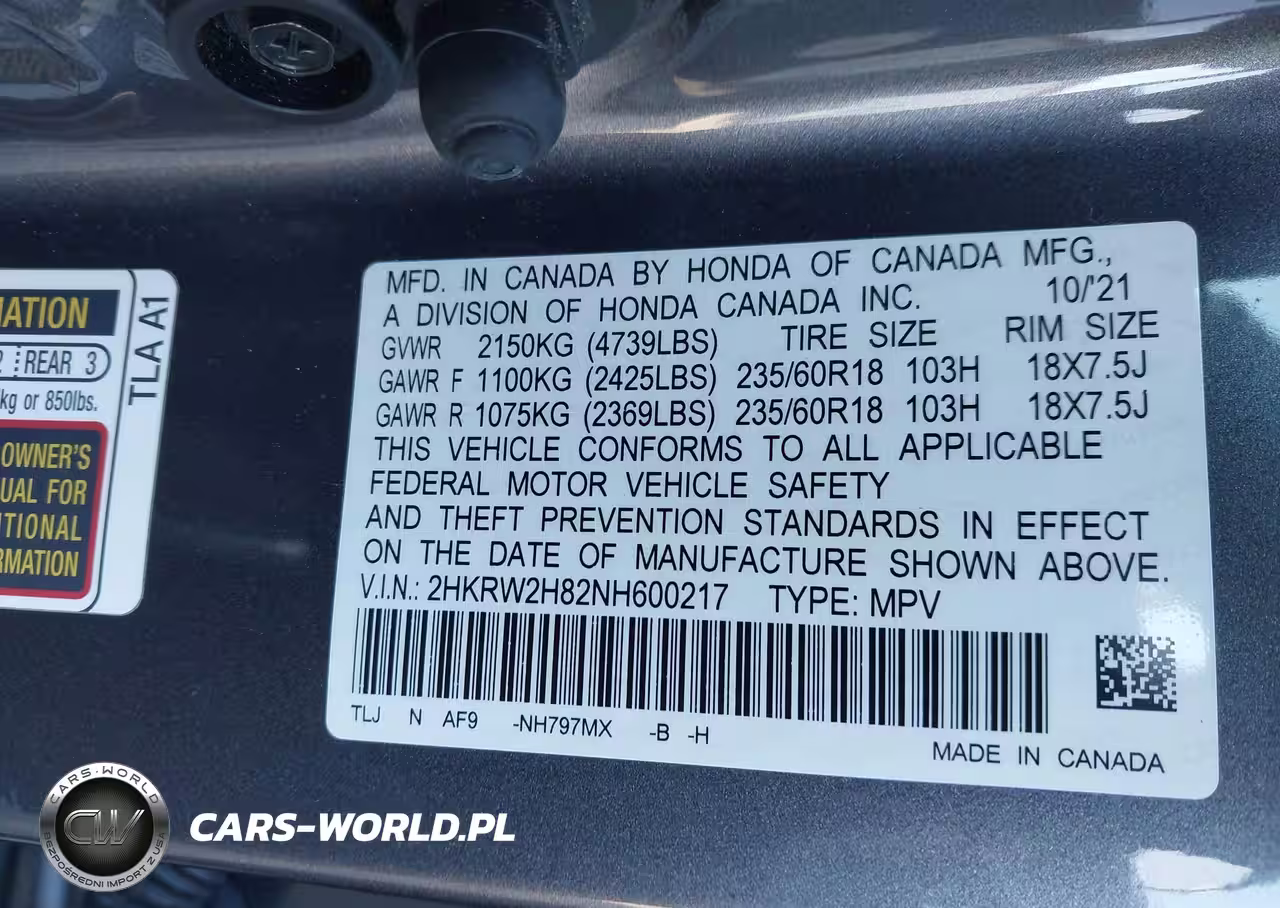 2022 Honda Cr-V Awd Ex-L VIN:2HKRW2H82NH600217 - 9