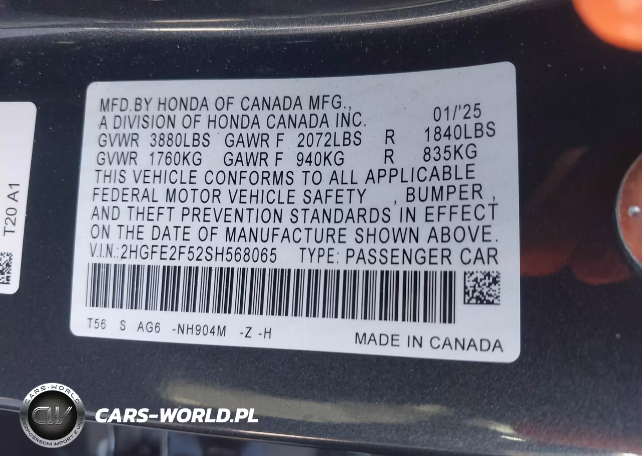 2025 Honda Civic Sport VIN:2HGFE2F52SH568065 - 9