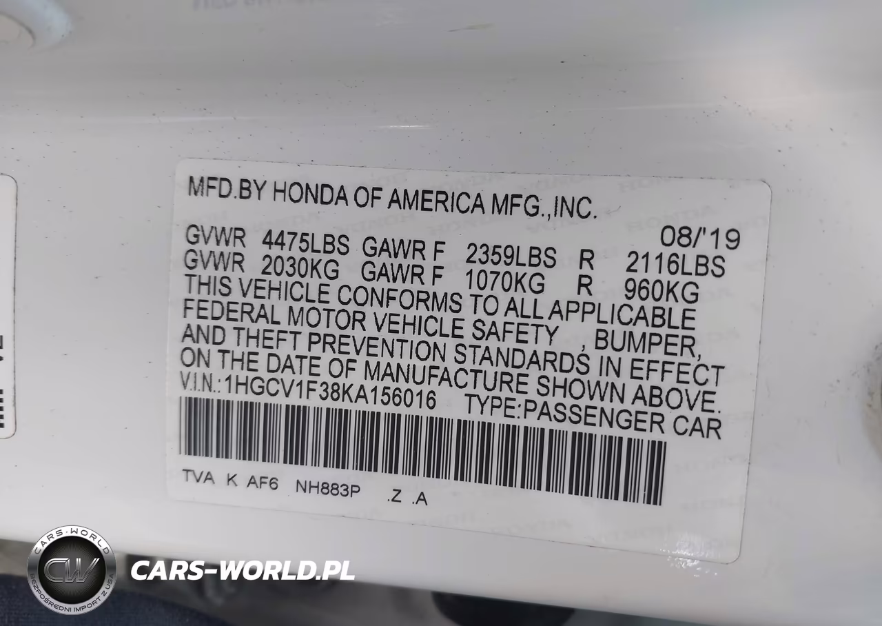 2019 Honda Accord Sport VIN:1HGCV1F38KA156016 - 9