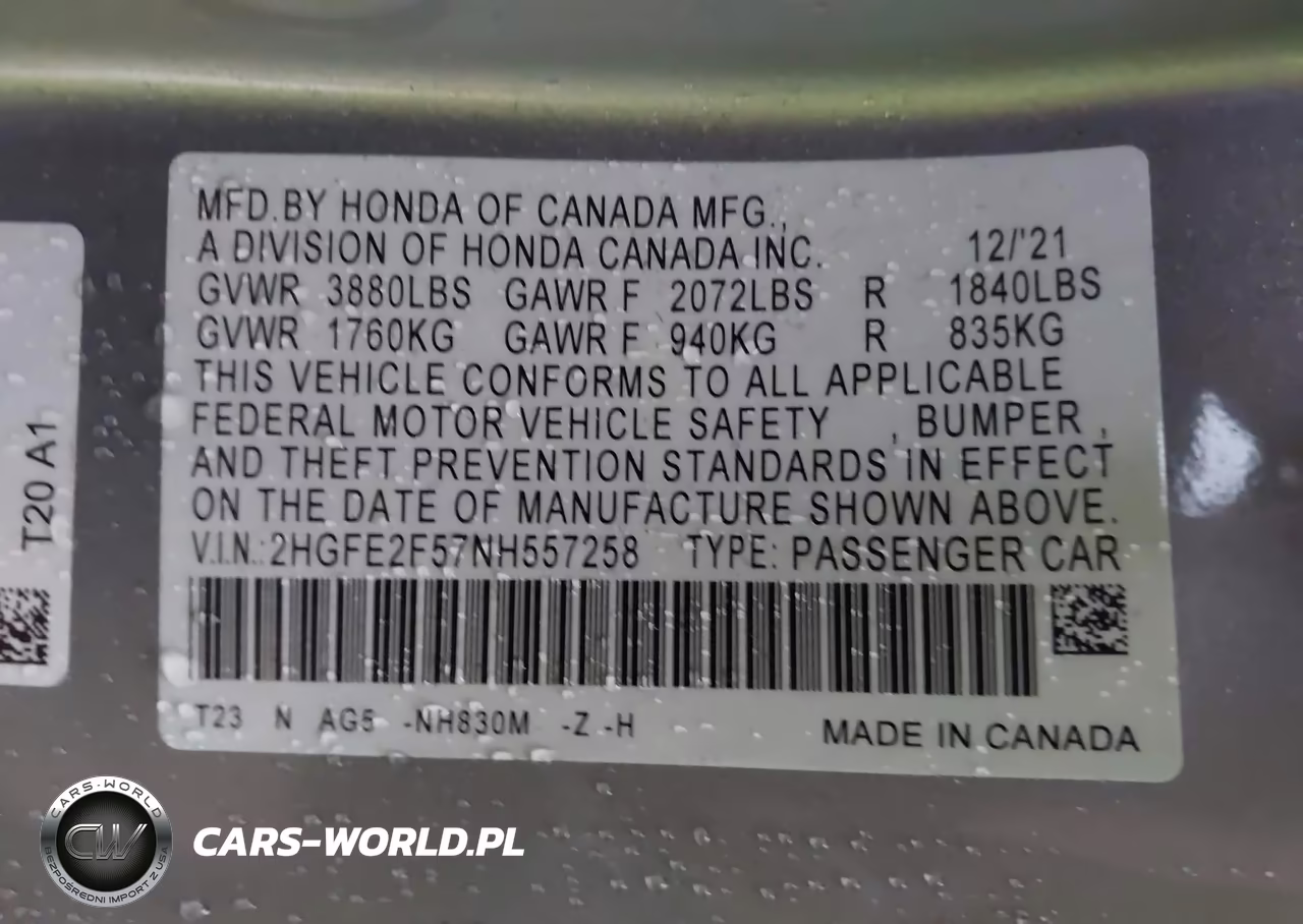 2022 Honda Civic Sport VIN:2HGFE2F57NH557258 - 9