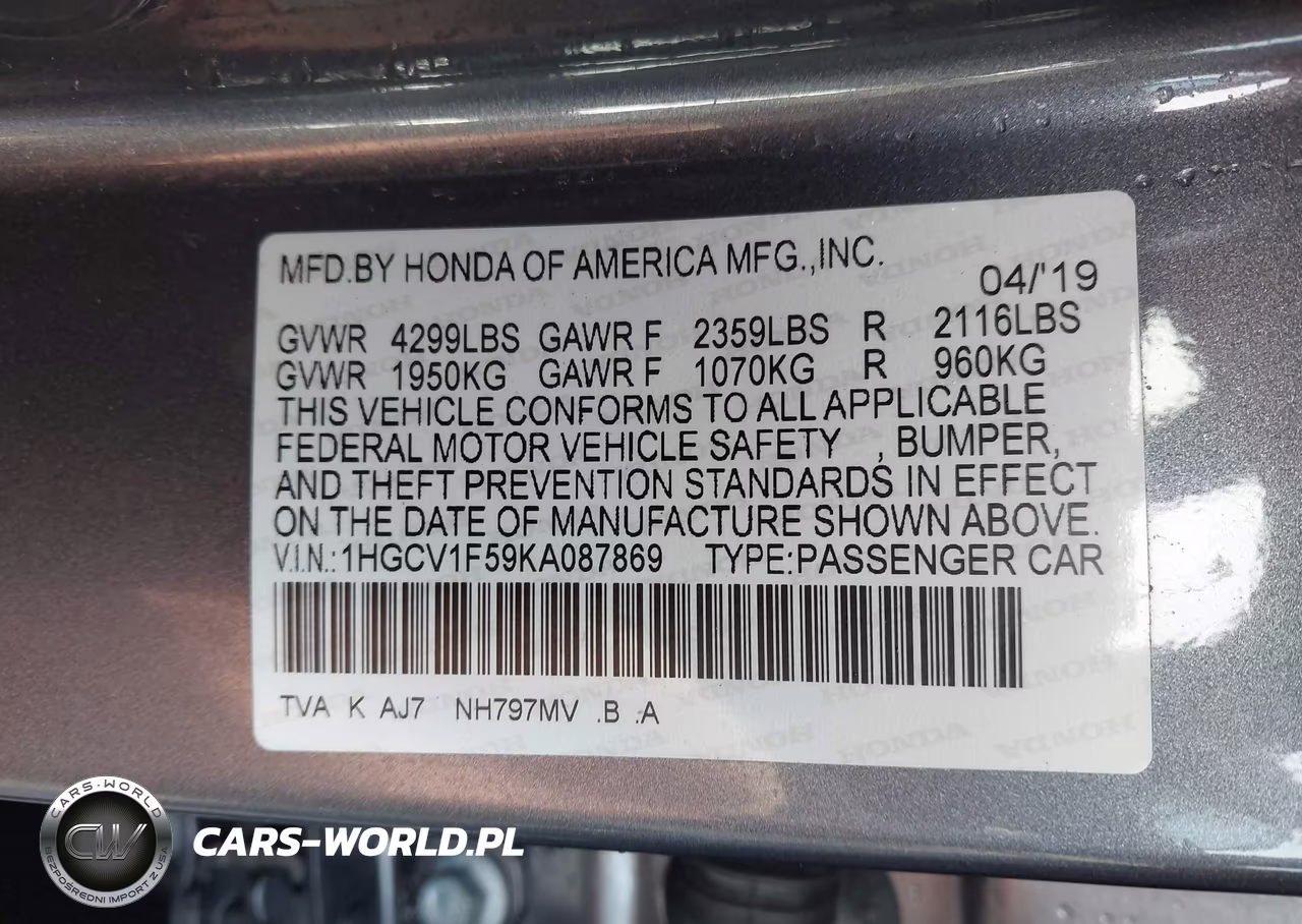 2019 Honda Accord Ex-L VIN:1HGCV1F59KA087869 - 9