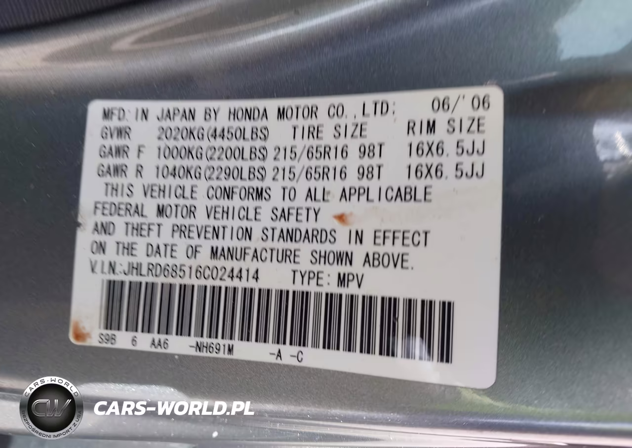 2006 Honda Cr-V Lx VIN:JHLRD68516C024414 - 9