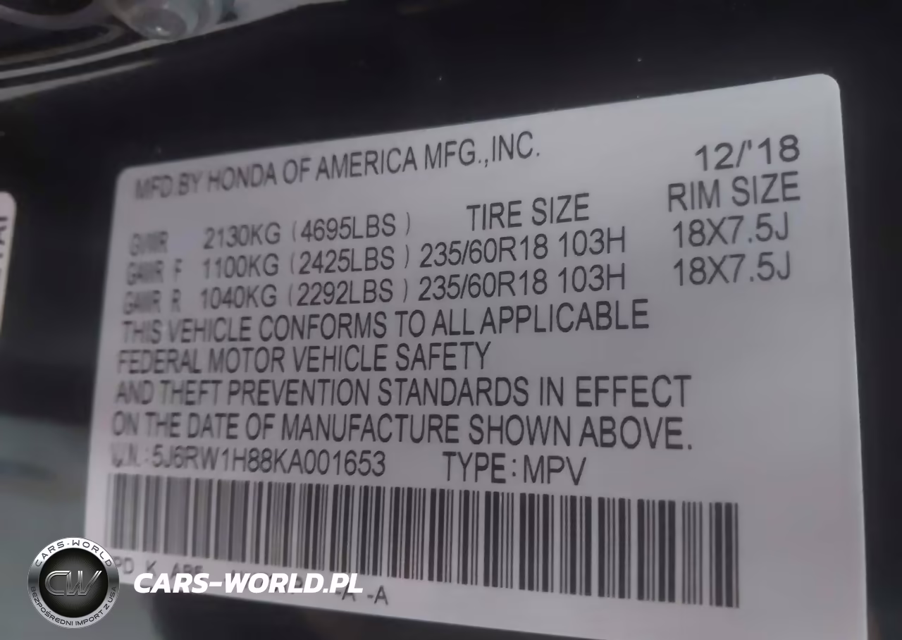 2019 Honda Cr-V Ex-L VIN:5J6RW1H88KA001653 - 9