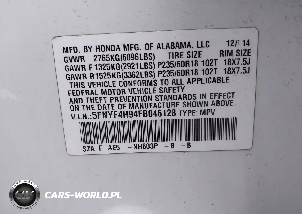 2015 Honda Pilot Touring VIN:5FNYF4H94FB046128 - 9