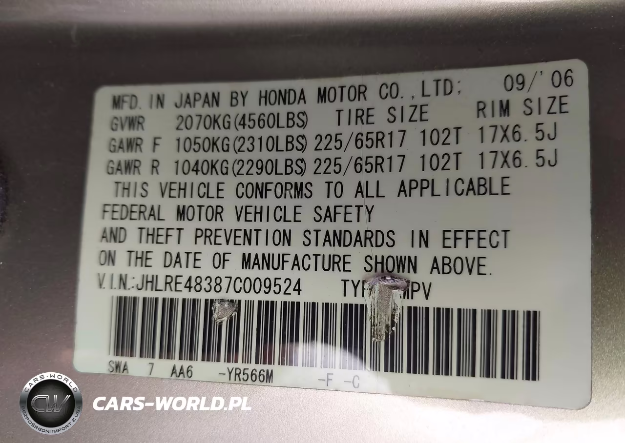 2007 Honda Cr-V Lx VIN:JHLRE48387C009524 - 9