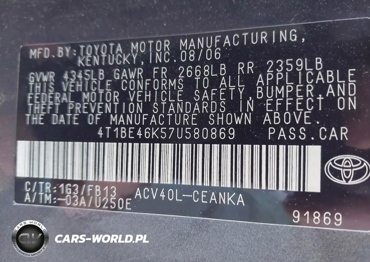 2007 Toyota Camry Le VIN:4T1BE46K57U580869 - 9