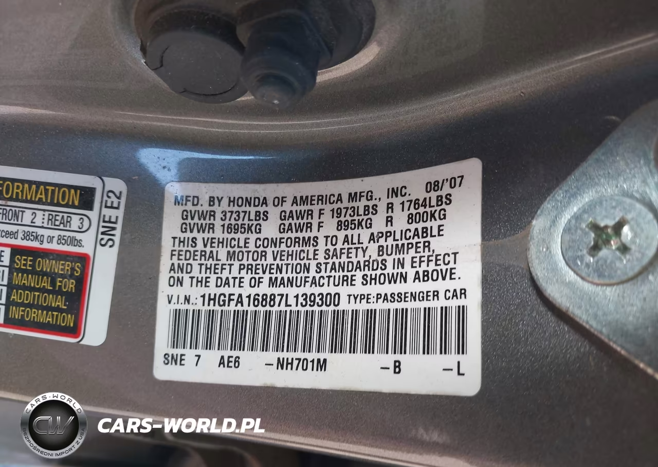 2007 Honda Civic Ex VIN:1HGFA16887L139300 - 9