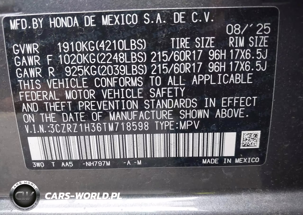 2026 Honda Hr-V 2Wd Lx VIN:3CZRZ1H36TM718598 - 9
