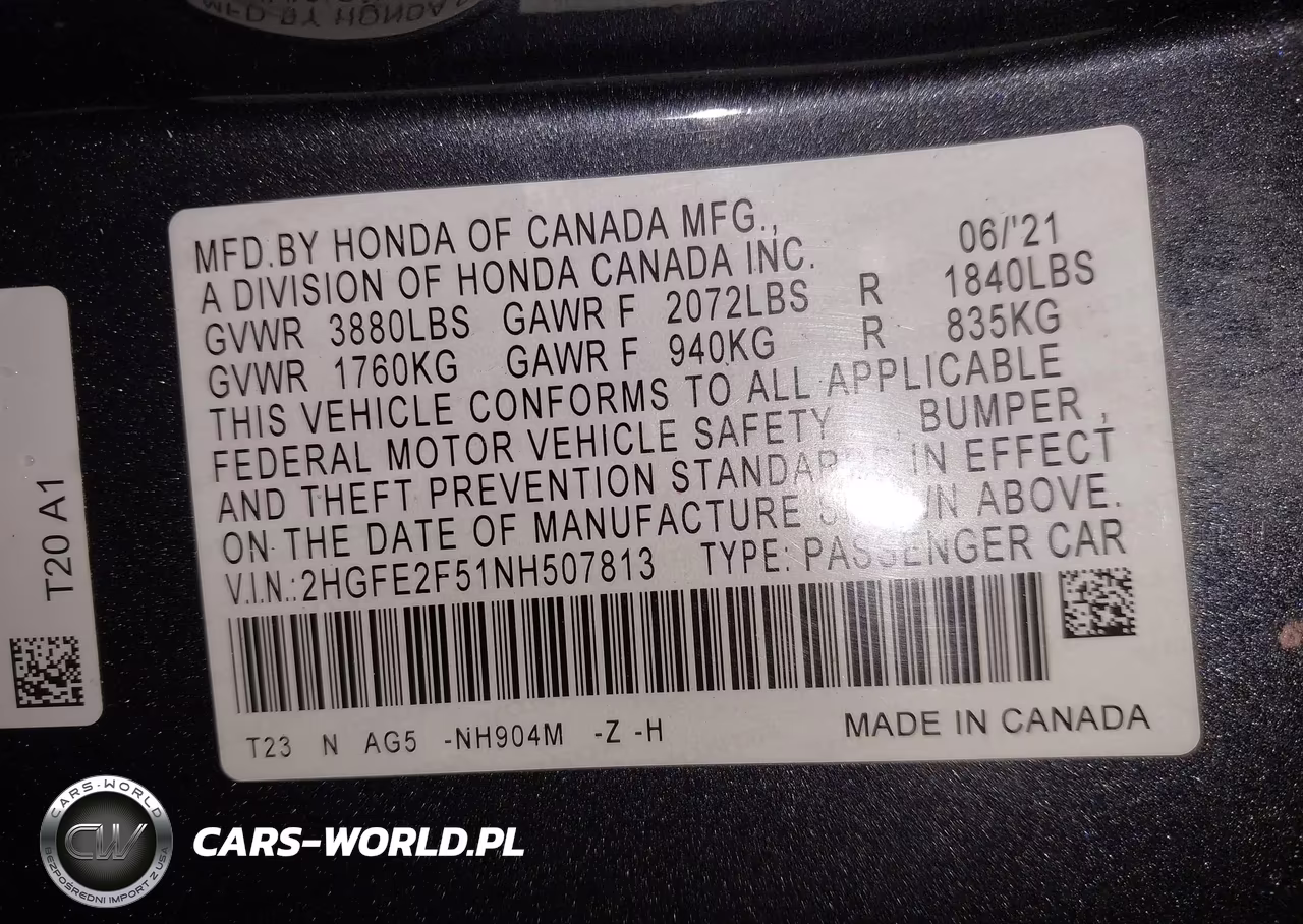 2022 Honda Civic Sport VIN:2HGFE2F51NH507813 - 9