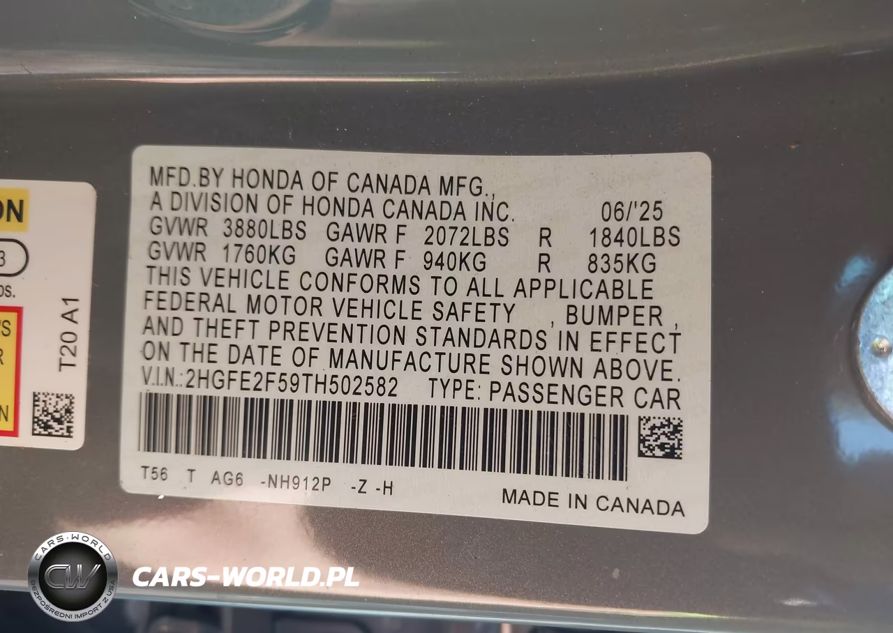 2026 Honda Civic Sport VIN:2HGFE2F59TH502582 - 9