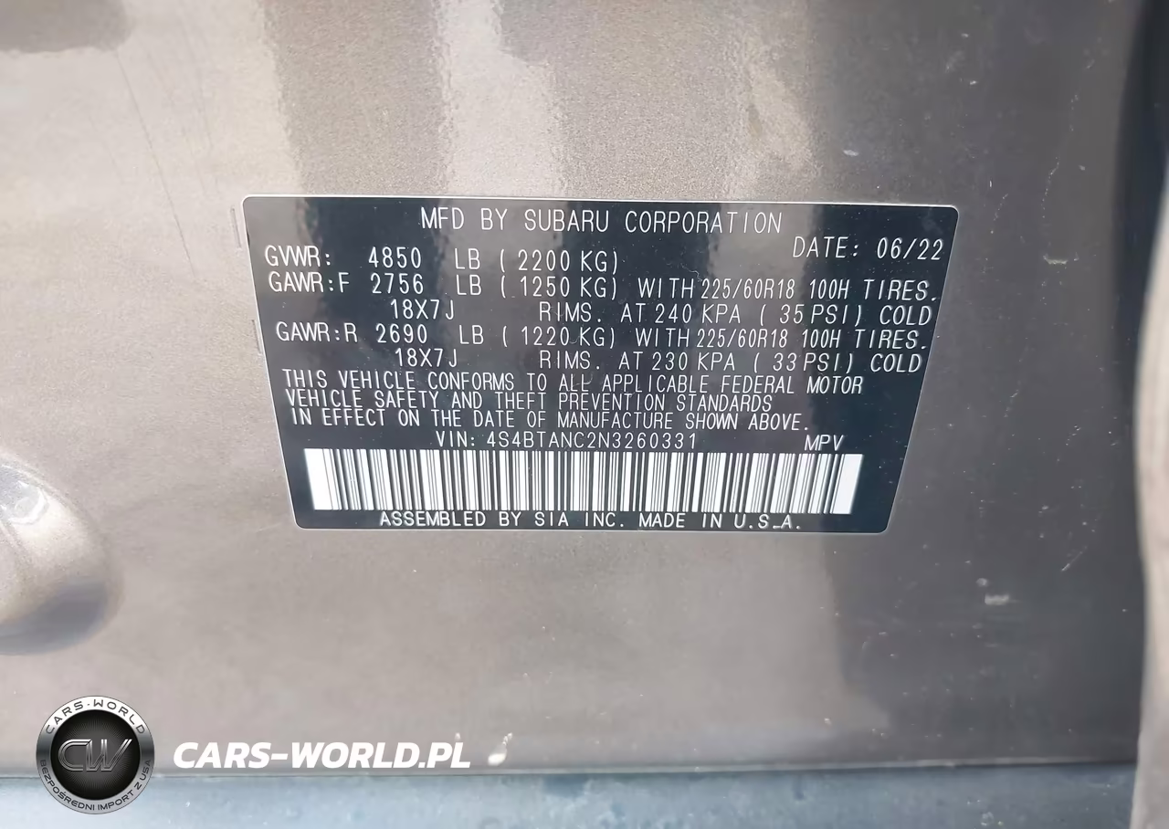 2022 Subaru Outback Limited VIN:4S4BTANC2N3260331 - 9
