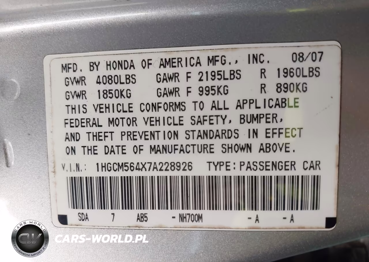 2007 Honda Accord 2.4 Lx VIN:1HGCM564X7A228926 - 9
