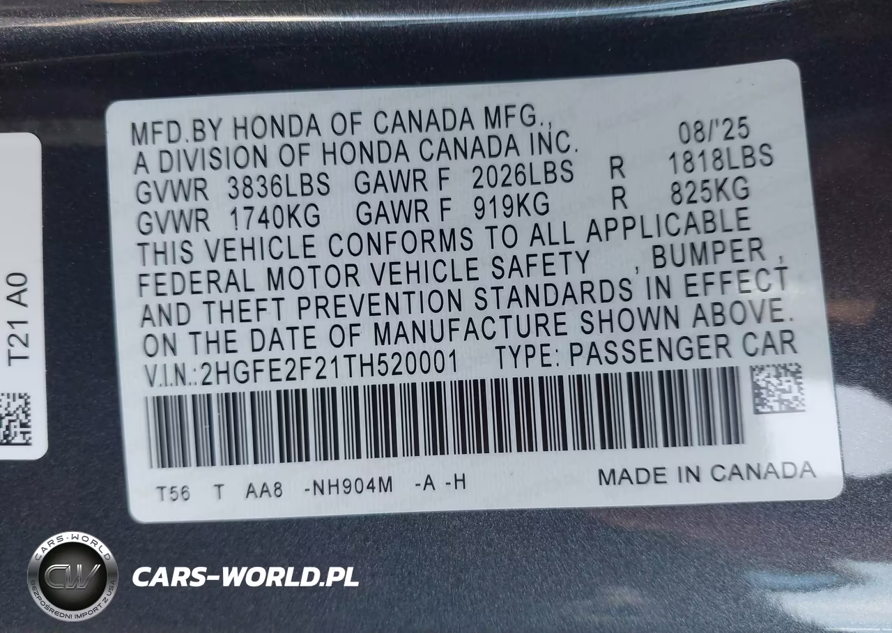 2026 Honda Civic Lx VIN:2HGFE2F21TH520001 - 9