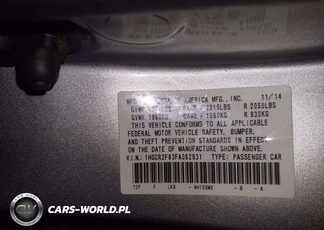 2015 Honda Accord Ex-L VIN:1HGCR2F83FA062931 - 9