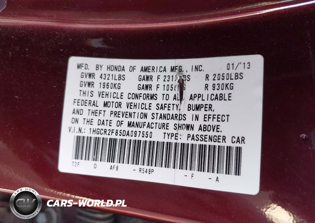 2013 Honda Accord Ex-L VIN:1HGCR2F85DA097550 - 9