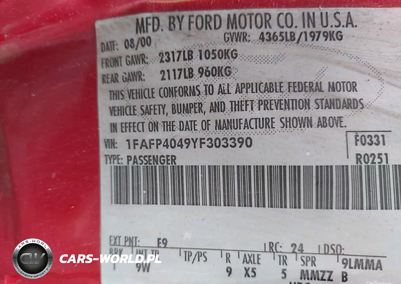 2000 FORD MUSTANG VIN:1FAFP4049YF303390 - 9