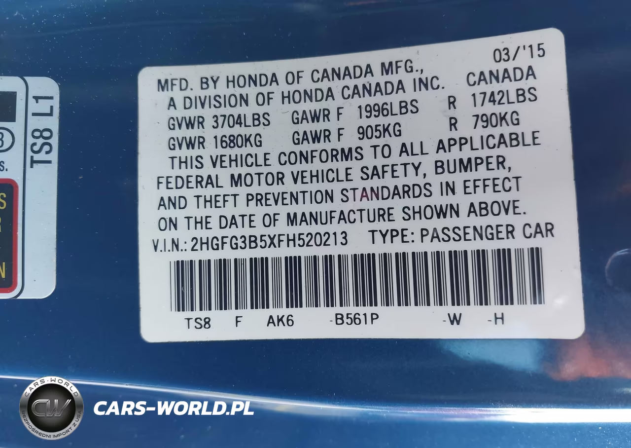 2015 Honda Civic Lx VIN:2HGFG3B5XFH520213 - 9