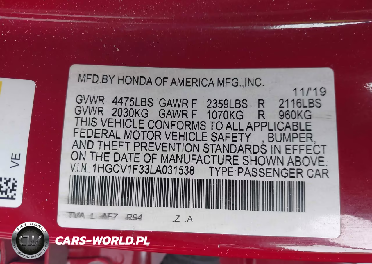2020 Honda Accord Sport VIN:1HGCV1F33LA031538 - 9