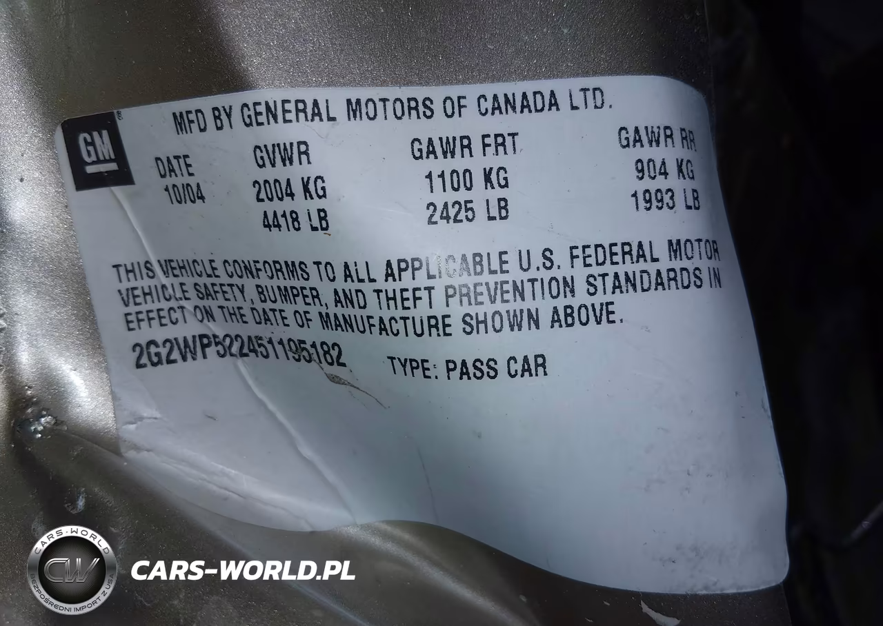 2005 Pontiac Grand Prix VIN:2G2WP522451195182 - 9