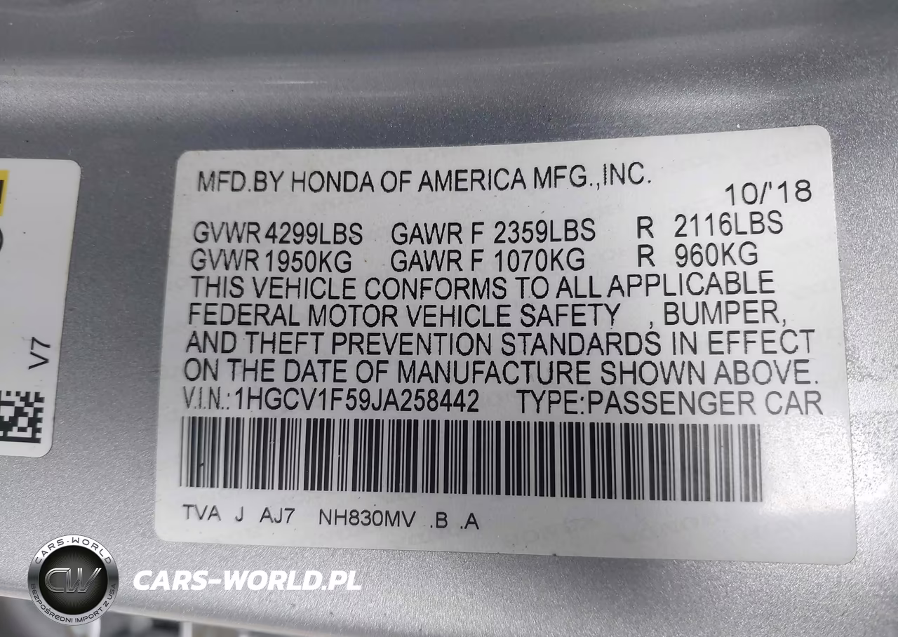 2018 Honda Accord Ex-L VIN:1HGCV1F59JA258442 - 9
