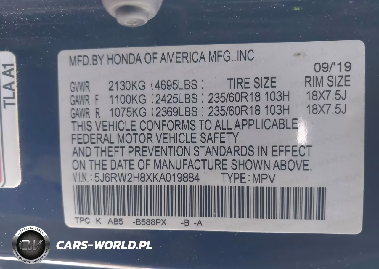 2019 Honda Cr-V Ex-L VIN:5J6RW2H8XKA019884 - 9