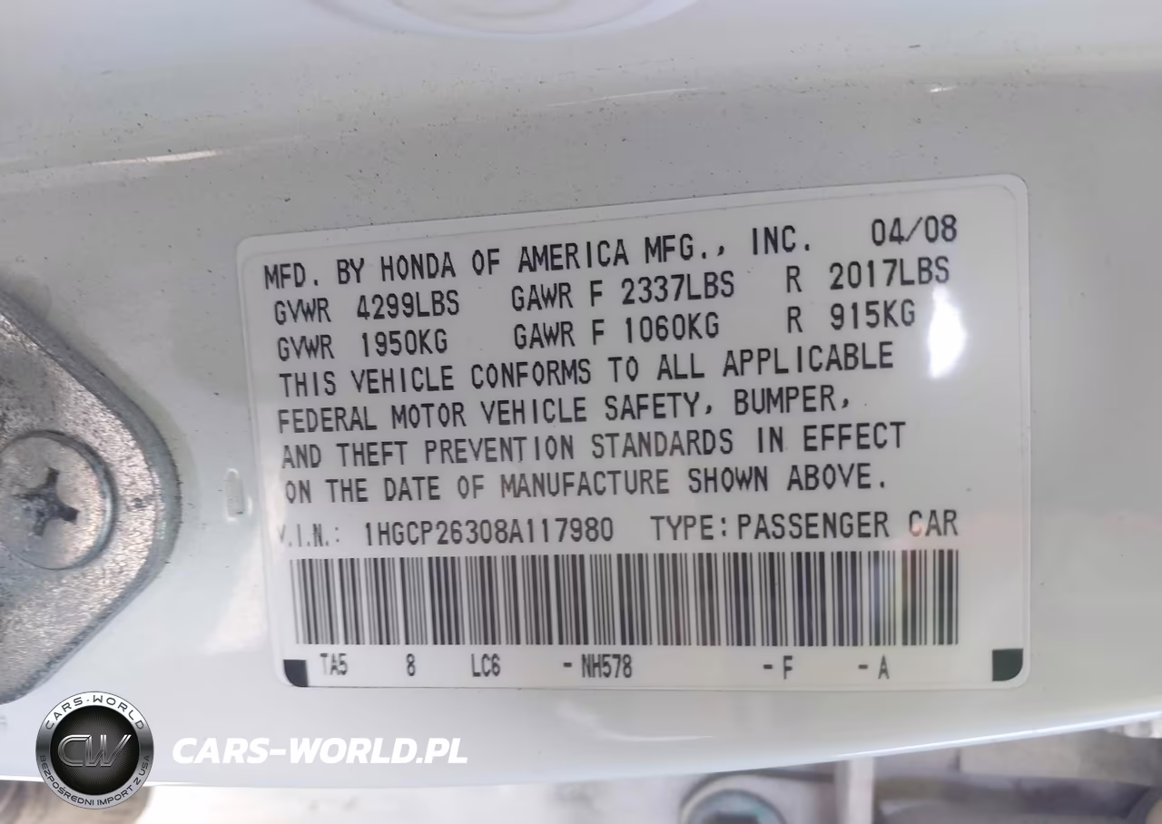 2008 Honda Accord 2.4 Lx VIN:1HGCP26308A117980 - 9