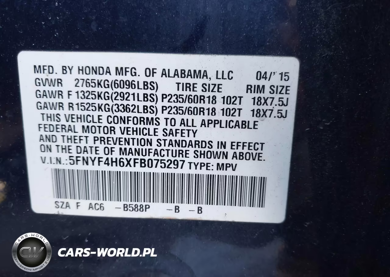 2015 Honda Pilot Ex-L VIN:5FNYF4H6XFB075297 - 9