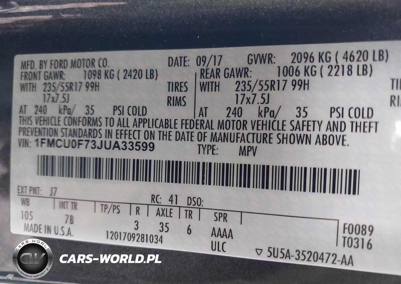 2018 Ford Escape S VIN:1FMCU0F73JUA33599 - 9