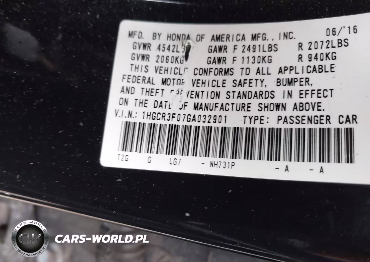 2016 Honda Accord Ex-L V-6 VIN:1HGCR3F07GA032901 - 9