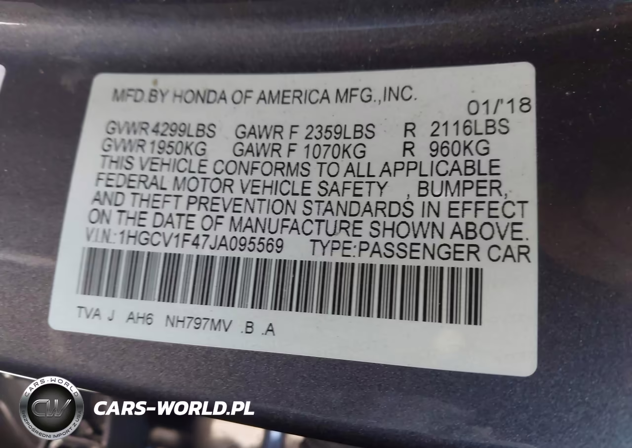 2018 Honda Accord Ex VIN:1HGCV1F47JA095569 - 9