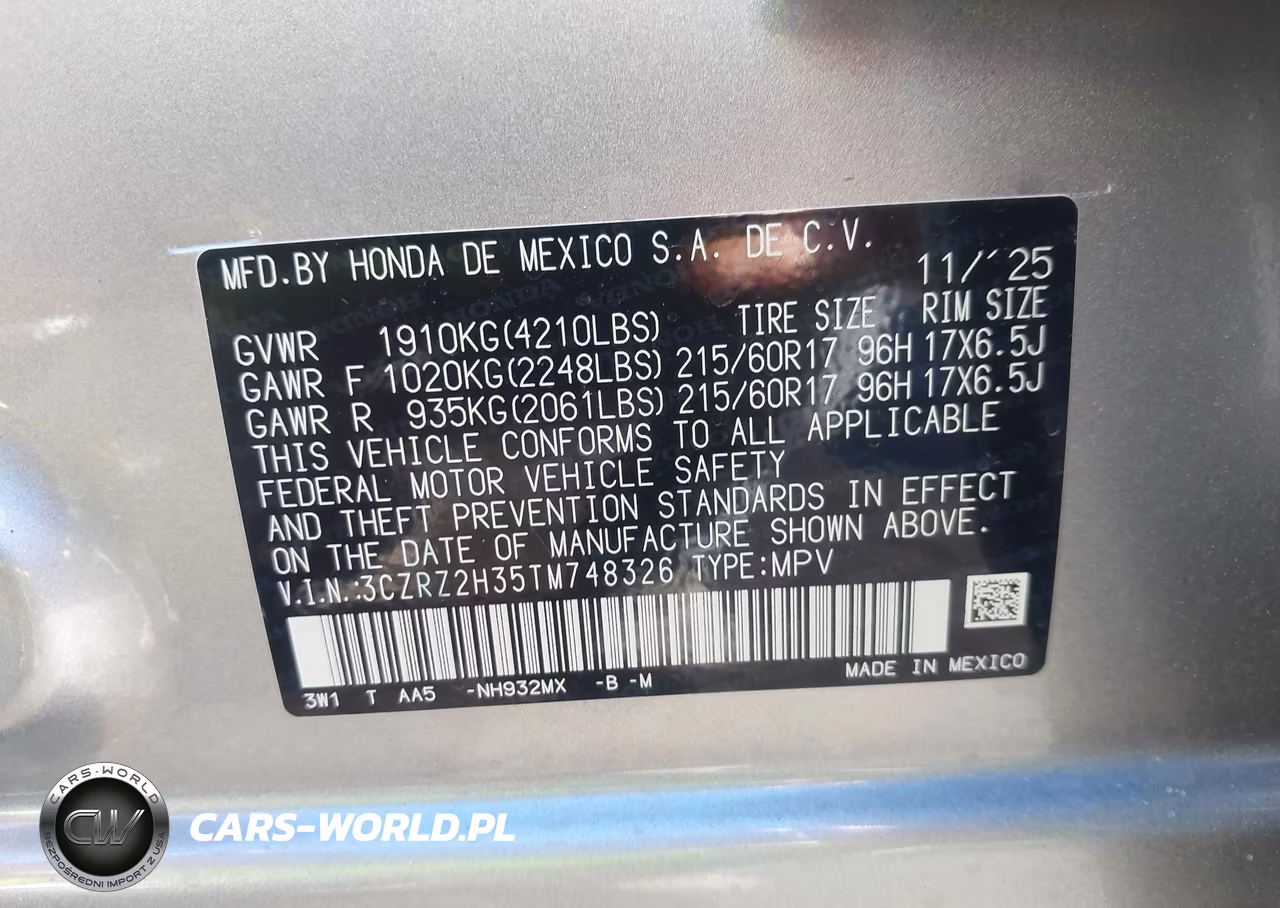 2026 Honda Hr-V Awd Lx VIN:3CZRZ2H35TM748326 - 9