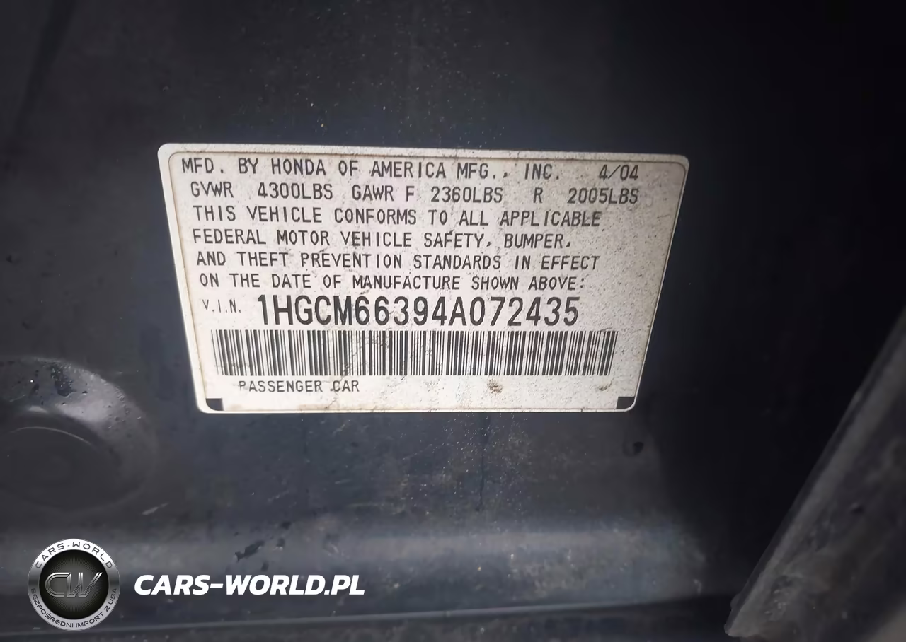 2004 Honda Accord 3.0 Lx VIN:1HGCM66394A072435 - 9