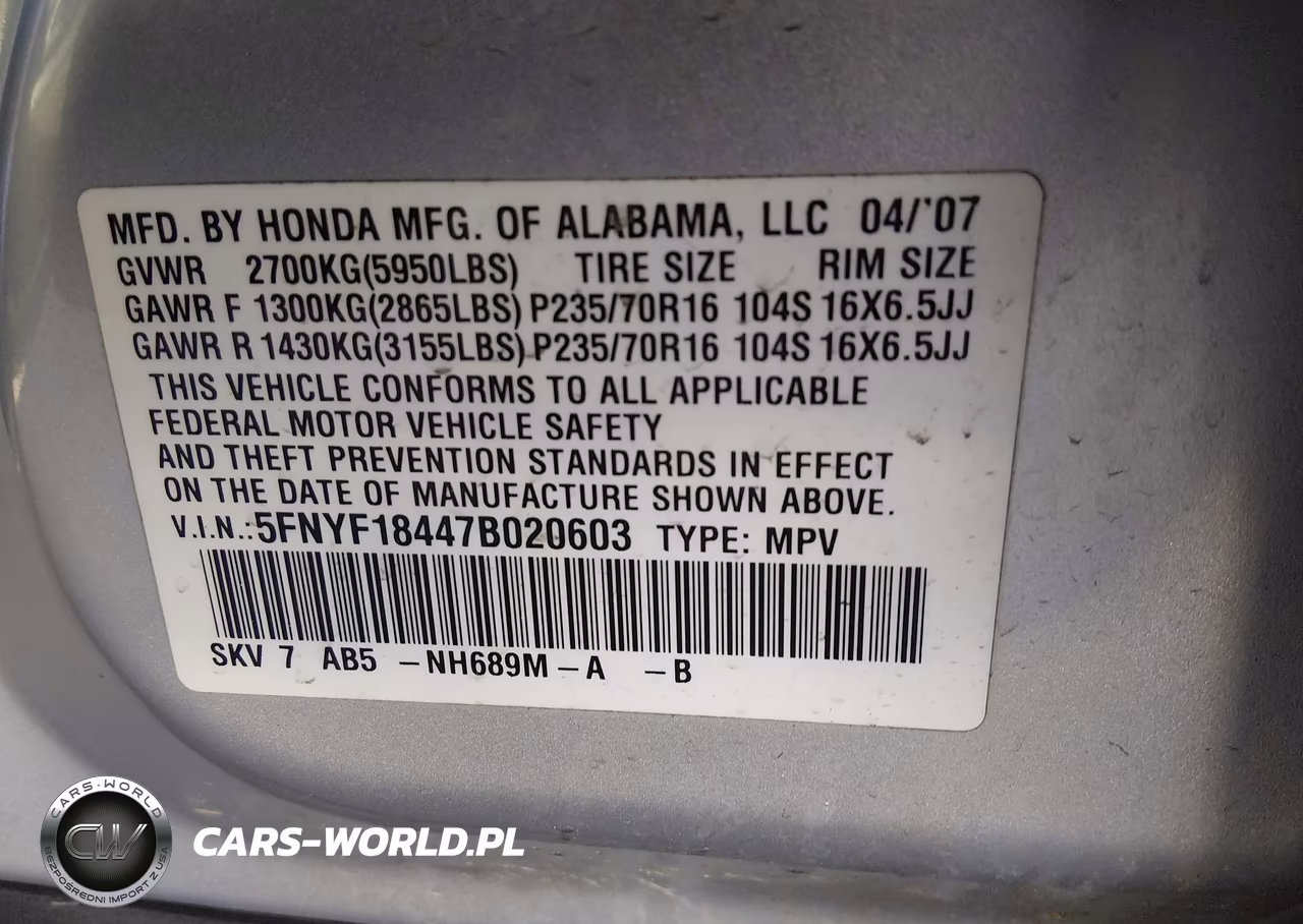 2007 Honda Pilot Ex VIN:5FNYF18447B020603 - 9